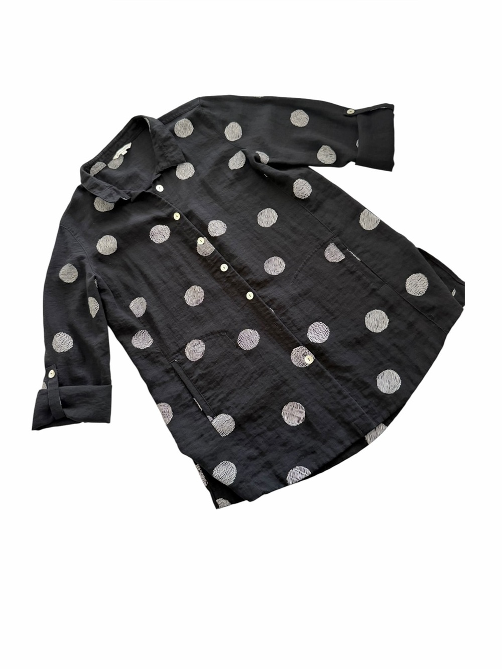 John Mark Black Button Front Roll-up Sleeve Shirt Tunic Size Large Polka Dot - Picture 4 of 15